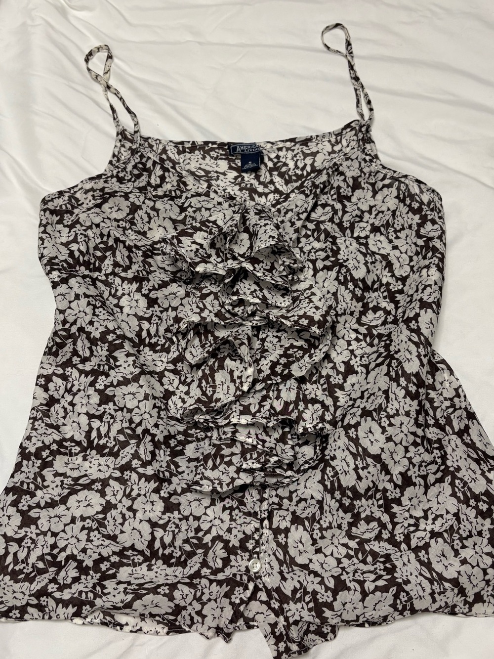 American Living 100% Cotton Brown & Cream Floral Ruffle Cami Top